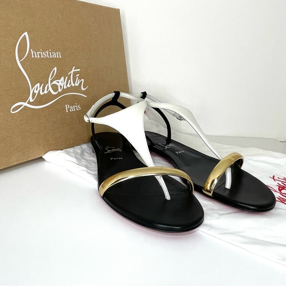 Christian Louboutin Athinita Leather Gold T-strap Flat Sandal  37.5 EU 6.5 US